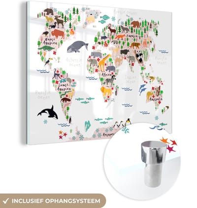 MuchoWow® Glasschilderij 80x60 cm - Schilderij acrylglas - Wereldkaart - Kinderen - Dieren - Foto op glas - Schilderijen