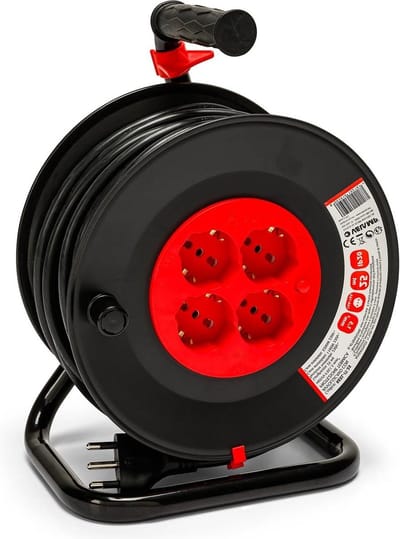 Elektro-verlengkabel met kabelopwikkeling 4 Polivivivialen 16A-Beschermd 3G15 mm2 Zwart-Rood 25 meter