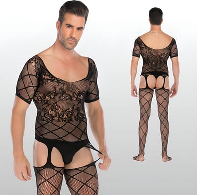 Heren Bodystocking Met Kant & Jarretels - Zwart - Erotische Herenlingerie - One Size S-XL (46-52) | LS166