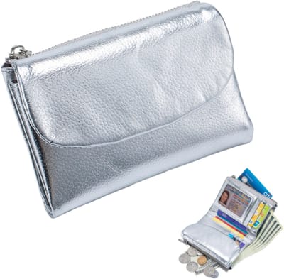 Klein portemonneetje van echt leer - RFID-beveiliging tegen diefstal - ultradun en draagbaar - 13,5*10*3 cm - zilver - 1 stuk