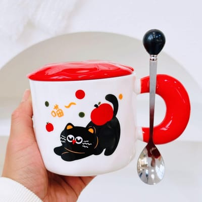 Appel Kat met Deksel Leuke Gepersonaliseerde Mok Leuke Hoge Waarde Grote Capaciteit Keramische Mok Koppels Waterbeker Cadeau 350ML