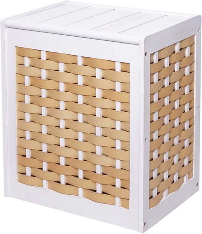 Wasmand MCW-G37, wasverzamelaar wassorteerder wasbox, massief houten shabby-look rieten 61x51x35cm ~ wit