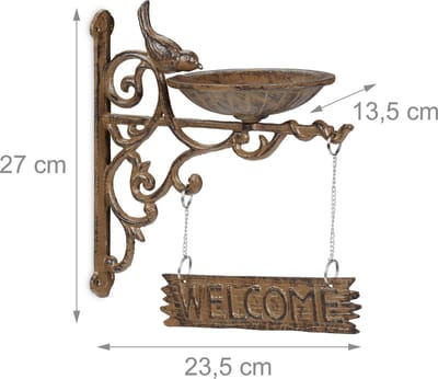 vogeldrinkschaal gietijzer - 'welcome' bordje - hangend - tuin - bruin