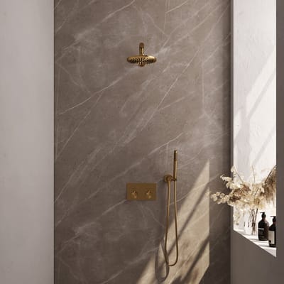 Brauer Gold Edition thermostatische inbouw regendouche met drukknoppen SET 49 met 20 cm douchekop en rechte muurarm en staaf handdouche en doucheslang en wandaansluitbocht goud geborsteld PVD