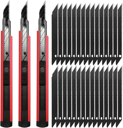 Professionele 3-delige 9mm Cutter met 30 stuks 30° afbreekbladen voor folie, papier en knutselen (Rood)