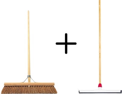 Synx Tools Coco Binnenbezem 50cm + Vloertrekker Kunststof 45cm met Steel 120cm - Zaalveger – Vloerreiniger – Natuurrubber – Zachte bezem kokos met steel 150cm