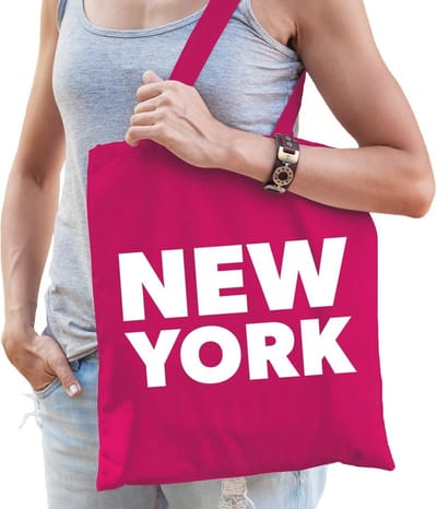 Katoenen USA/wereldstad tasje New York fuchsia roze - 10 liter - steden cadeautas