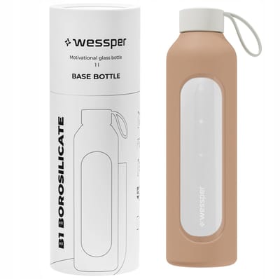 Glazen Motivatiefles 1000ml – Duurzame Waterfles in BEIGE