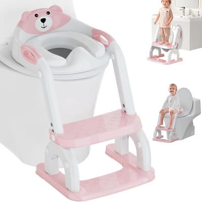 Opvouwbare Kinder Toiletverkleiner met Trap - Verstelbare V-Vorm, U-Vorm & Ronde Toiletpasvorm - Anti-Slip Handgrepen - Afneembare Trap - Draagbare Toiletseatverkleiner voor Thuis & Reizen