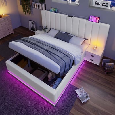 Wishdor Luxe Opbergbed 160x200 cm - Extra Breed Hoofdbord (247 cm) - Hydraulische Lift - 360° Smart LED & USB-C - Linnen Wit
