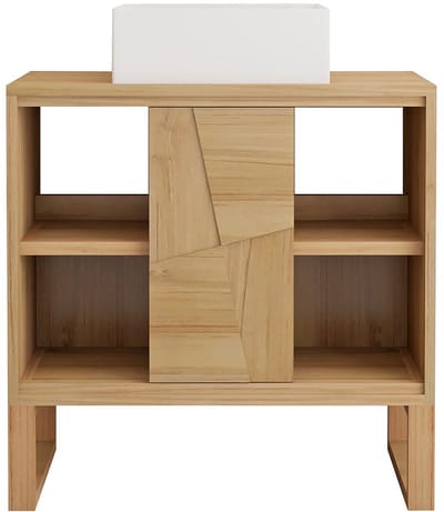 Vente-unique Badkamermeubel op poten in teakhout met vierkant opzetwastafel in keramiek - B80 cm - MATARAM