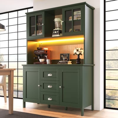 REDOM - Keukenkast - Opbergkast met verstelbare planken - Open vak met LED-verlichting - Retro stijl - Keuken - MDF - Groen - 120 x 40 x 179 cm