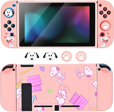 Zachte siliconen beschermhoes voor schakelaar met JoyCon en joystick covers - Roze en Wit