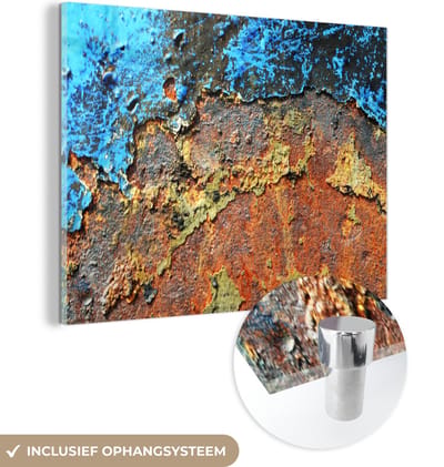 MuchoWow® Glasschilderij 120x90 cm - Schilderij acrylglas - Roest - Metaal - IJzer - Industrieel - Foto op glas - Schilderijen