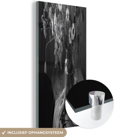 MuchoWow® Glasschilderij 40x80 cm - Schilderij acrylglas - Boeket - Bloemen - Olieverf - Stilleven - Zwart - Wit - Foto op glas - Muurdecoratie woonkamer - Wanddecoratie slaapkamer - Schilderijen