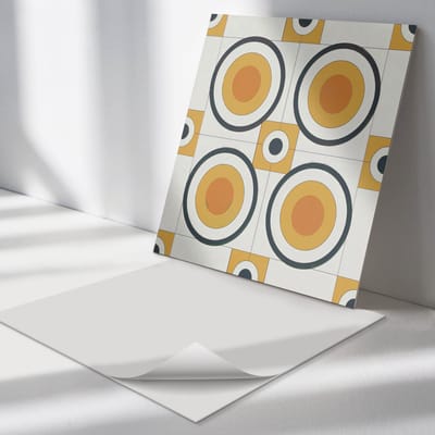 Wallfluent Vinyl Tegels - Geometrie van Cirkels en Vierkanten Zelfklevende Vinyltegels - 30 cm x 30 cm - Oranje Vinyl Tegels - Verpakking van 9 stuks - Vierkant PVC Tegels - Texturen Plaktegels - Vloer Tegels PVC - Plaktegels Keuken en Badkamer