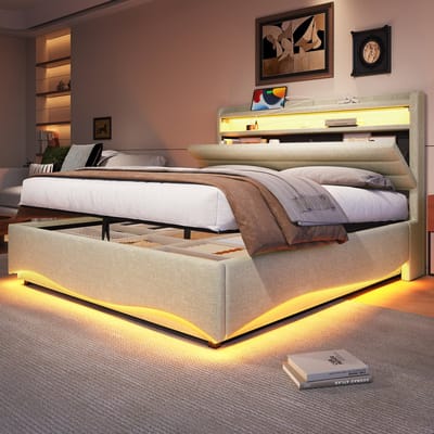 Opbergbed - 140x200 cm - Met LED En Hydraulische Opbergruimte - Zonder Matras - Linnen - Beige
