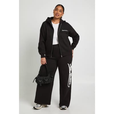 boohoo Dames Plus Ath Archive joggers met wijde pijpen | Black | Maat: 16