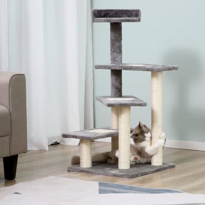 MEUNIQ Krabpaal voor katten 48,5 x 48,5 x 100 cm, 5 niveaus met 3 treden en topplatform, pluche en sisal kattenkrabpaal voor spelen, rusten en krabben, beige en grijs