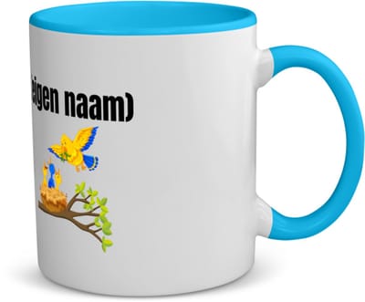 Akyol - vogels en nest met eigen naam koffiemok - theemok - blauw - Vogels - dieren liefhebber - iemand die houdt van vogels - verjaardag - cadeau - kado - geschenk - 350 ML inhoud
