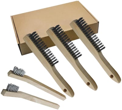 5-delige handmatige draadborstelset met houten handvat, roestvrijstalen borstels voor metaalbewerking en schoonmaakwerkzaamheden