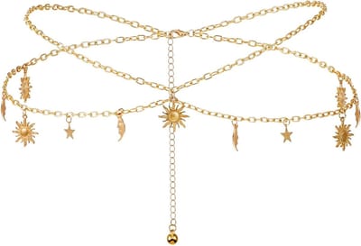 Dubbele laag tailleketting met zon, maan en sterren, verstelbare metalen ketting voor vrouwen, boho stijl, ideaal voor jurken en jeans, trendy gouden riem