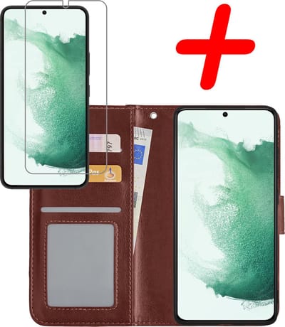 Hoesje Met Screenprotector - Geschikt voor Samsung Galaxy S22 - Luxe Pasjeshouder - Bookcase Portemonee - Flip Case - Kunstleer Book Case - Flipcase - Book Cover - Walletcase - Portemonneehoes - Bruin