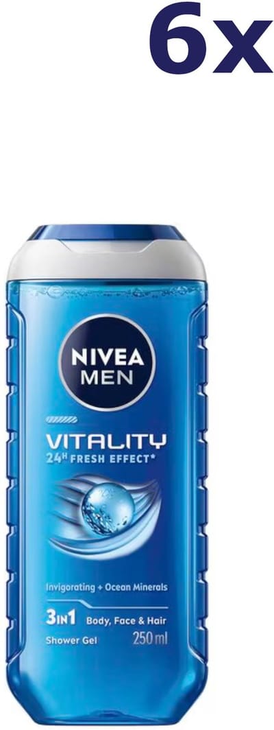 NIVEA MEN Vitality 3-in-1 Douchegel – 6x 250 ml – Voordeelverpakking – Voor Lichaam, Gezicht & Haar – Met Oceaan Mineralen – 24u Frisheid