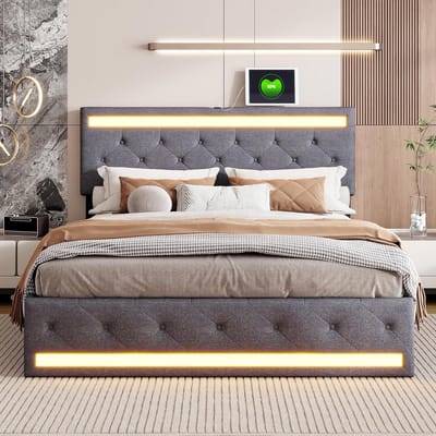 Gestoffeerd tweepersoonsbed, 180 x 200 cm, met 4 opbergruimte, laden, ledikant met lattenbodem van hout, linnen opbergbedden met USB-poorten, zonder matras