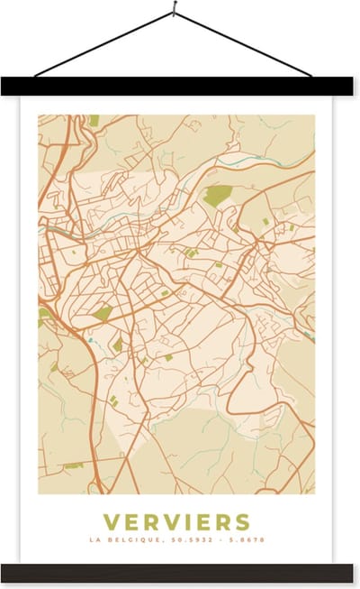 Posterhanger incl. Poster 40x60 cm - Schoolplaat - Stadskaart - Kaart - Plattegrond - Vintage - Verviers - Textielposter - Zwarte latten - Stadskaart