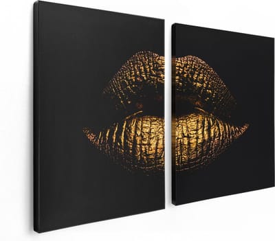 Artaza Canvas Schilderij Tweeluik Gouden Lippen - 120x80 cm - Wanddecoratie Woonkamer - Schilderijen - Muurdecoratie
