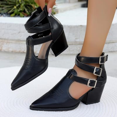 Punkstijl Gespriem Hoge Hakken Sandalen Vrouwen Puntige Neus Blokhak Gladiator Schoenen Vrouw Enkelbandje Zomer Enkellaarsjes 41 zwart