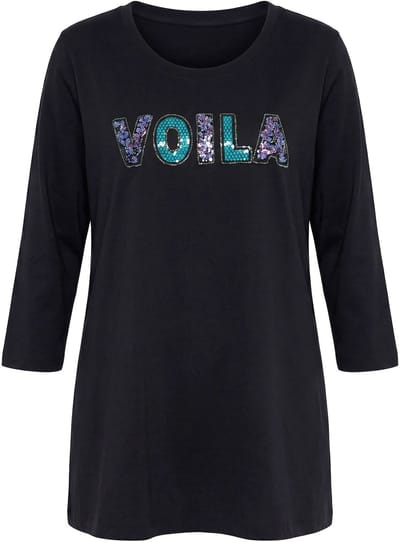 MIAMODA - Dames - T-shirt A-lijn VOILA-applicatie 3/4-mouwen - Zwart - Maat 42