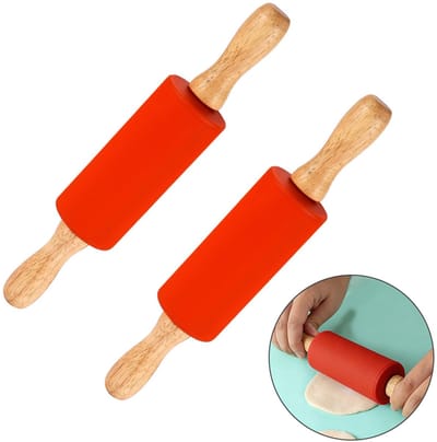 2-stuks Antiaanbak deegroller -Siliconen deegroller - Deegroller - Kleine deegroller - Mini siliconen deegroller voor kinderen -DIY-knutselprojecten - Bakgereedschap - 23*4,5*4,5 cm - Geschikt voor knutselen, deeg, bakken, fondant, enz. - Rood