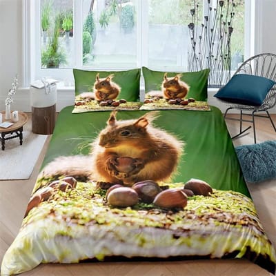 3D Eekhoorn Koning Koningin Dekbedovertrek Mooie Dieren Beddengoed Set voor Kinderen Tieners Volwassenen Wilde Dieren Groene Bladeren Zacht 2/3-delig Dekbedovertrek 70x133cm 2pcs