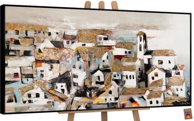 Canvas schilderij groot handgeschilderd huisje zonlicht natuur nostalgisch – YS-Art Gallery – Warme wanddecoratie voor woonkamer – Modern schilderij voor slaapkamer en hal