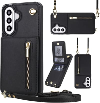 Hoesje geschikt voor Samsung A37 Hoesje met Koord - Solidenz A37 Wallet Case Cover - Telefoonhoes - Backcover met Koordje - Cord Case - Lanyard - Hoesje A37 - Zwart