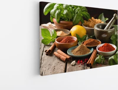 Saammp Canvas Schilderij - Verschillende Kruiden - Specerijen - Stilleven - 45x30 - Foto op canvas - Wanddecoratie - Muurdecoratie keuken - Slaapkamer decoratie - Canvas Print