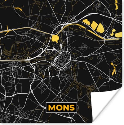 Poster Plattegrond - Kaart - Stadskaart - Mons - Goud - 100x100 cm XXL