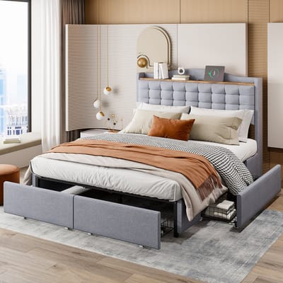 HAUSS SPOLE Gestoffeerd Bed 140x200cm - Met USB Oplaadpunt En Hoofdbordplank - Met 4 Opberglades - Zonder Matras - Linnen - Grijs