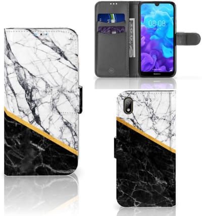 Boekhoesje voor Huawei Y5 (2019) Bookcase Marmer Wit Zwart - Origineel Cadeau Man