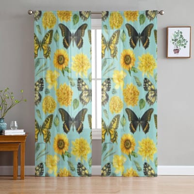 Aquarel Botanische Lelie Vlinder Bloem Transparante Gordijnen voor Woonkamer Tule Raamgordijn Slaapkamer Keuken Sluier Draperieën 135W x 114H(cm) gray
