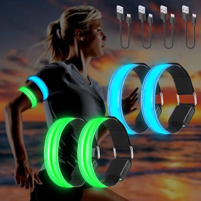 Led-armband, USB, 4 stuks, reflecterende ledband, lichtband, voor kinderen, reflecterende band, licht voor joggen, hardlopen, sport blauw+groen