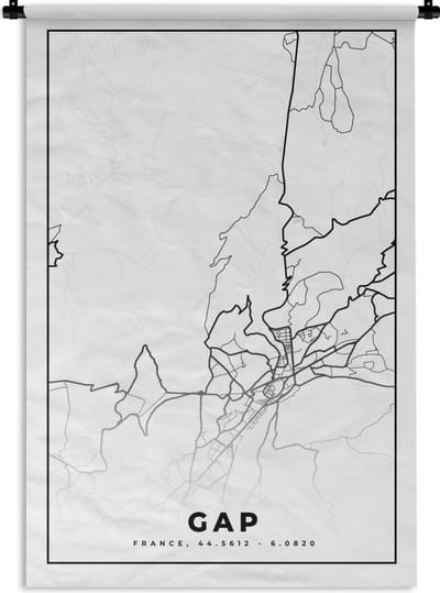 Wandkleed - Wanddoek - Frankrijk – Kaart – Plattegrond – Gap - Stadskaart - Zwart wit - 120x180 cm - Wandtapijt