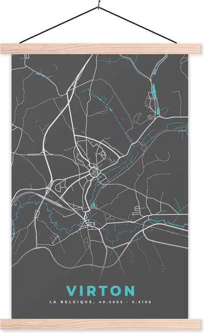 Posterhanger incl. Poster 40x60 cm - Schoolplaat - Kaart – Plattegrond – Stadskaart – Virton – België - Grijs - Textielposter - Blanke latten - Stadskaart