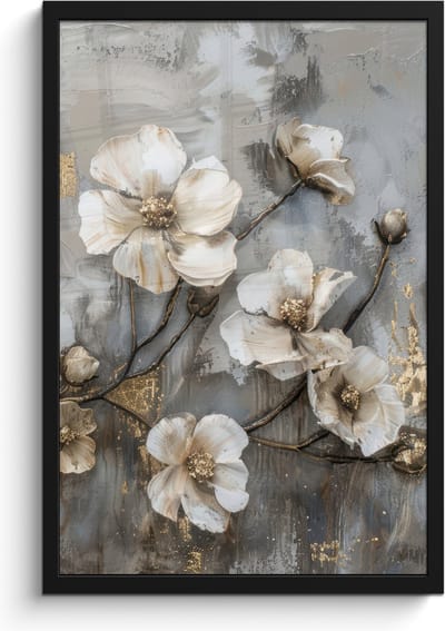 Poster in lijst - Fotolijst 40x60 cm - Posters - Bloemen - Wit - Grijs - Goud - Luxe - Posterlijst zwart - Decoratie - Wanddecoratie woonkamer - Muurdecoratie slaapkamer