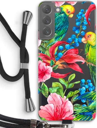 Case Company® - Hoesje met koord geschikt voor Samsung Galaxy S22 Plus hoesje met Koord - Papegaaien - Telefoonhoesje met Zwart Koord - Bescherming aan alle Kanten en Over de Schermrand