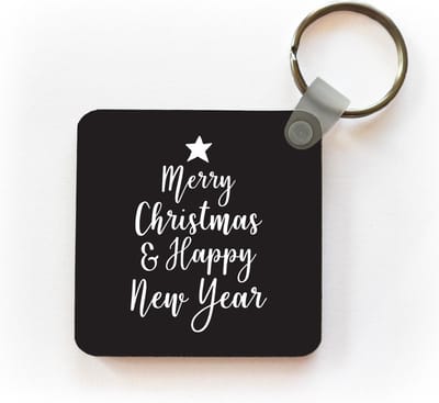 Sleutelhanger - Uitdeelcadeautjes - Kerst quote "Merry Christmas & Happy New Year" op een zwarte achtergrond - Plastic - Kerst - Cadeau - Kerstcadeau voor mannen en voor vrouwen
