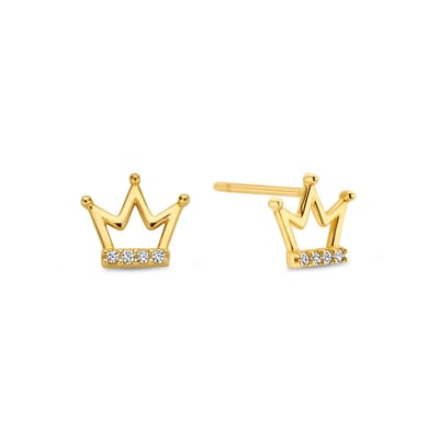 New Bling 9NBG-0728 Gouden Oorknopjes Kroontje - Oorbellen - Kroon - 6,3x7,1mm - Zirkonia - Oorstekers - 14 Karaat - Goud