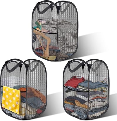 Set van 3 opvouwbare wasmanden, draagbare pop-up wasmand, wasmanden van gaas, 36 x 36 x 58 cm, geschikt voor de badkamer, camping, zwarte kleur